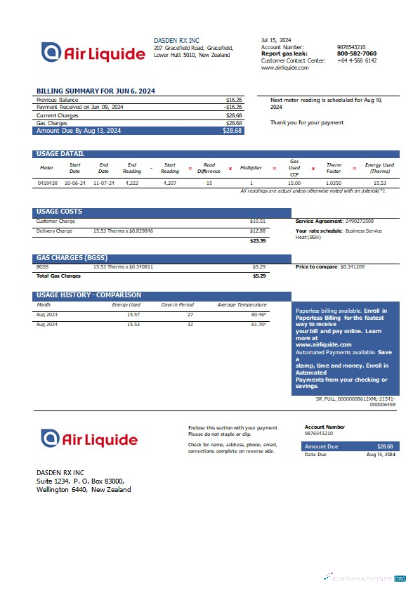 New Zealand Air Liquide gas business utility bill template in Word and PDF formats